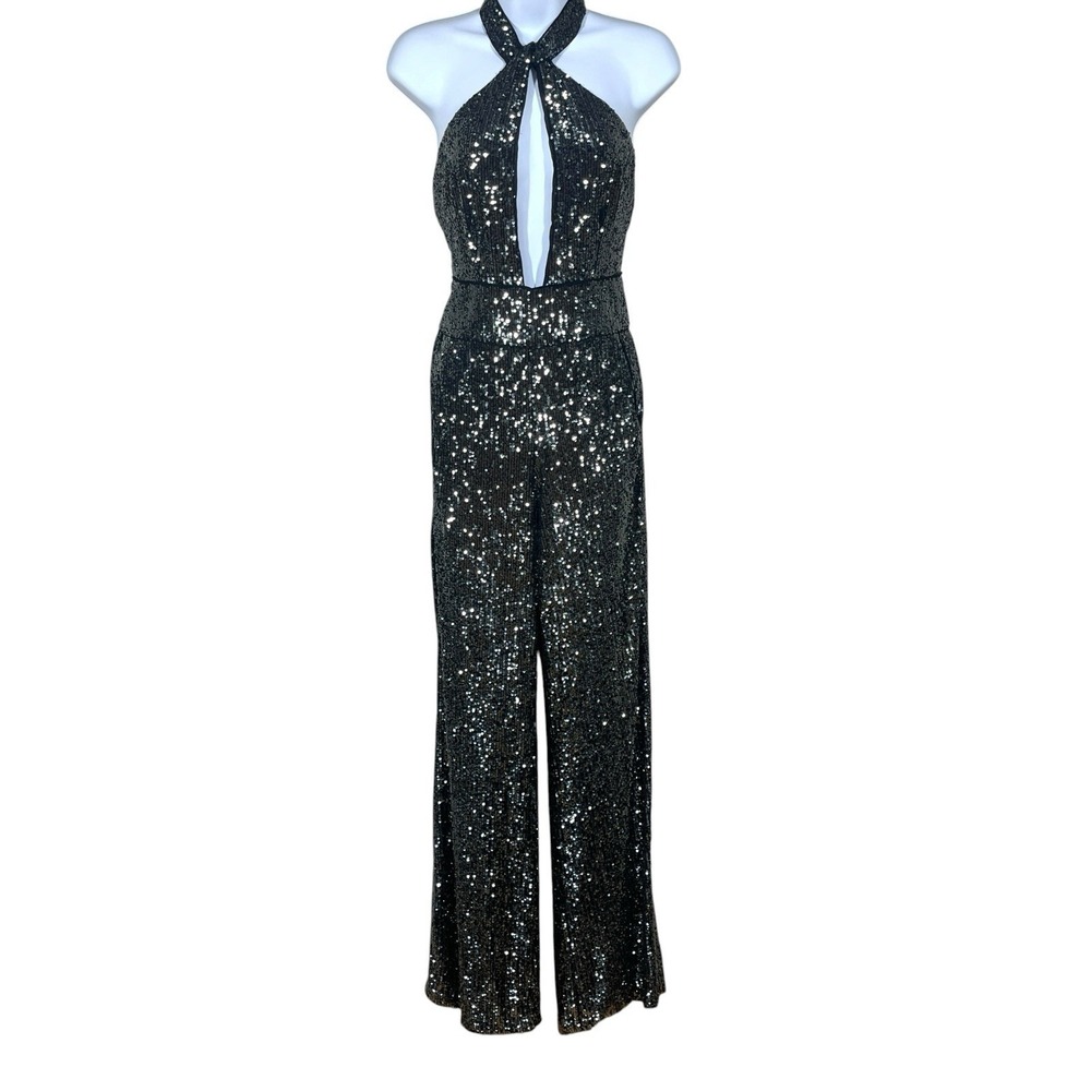 Maeve Anthropologie Sequin Halter Jumpsuit Size 2 Silver Disco Party Glam
